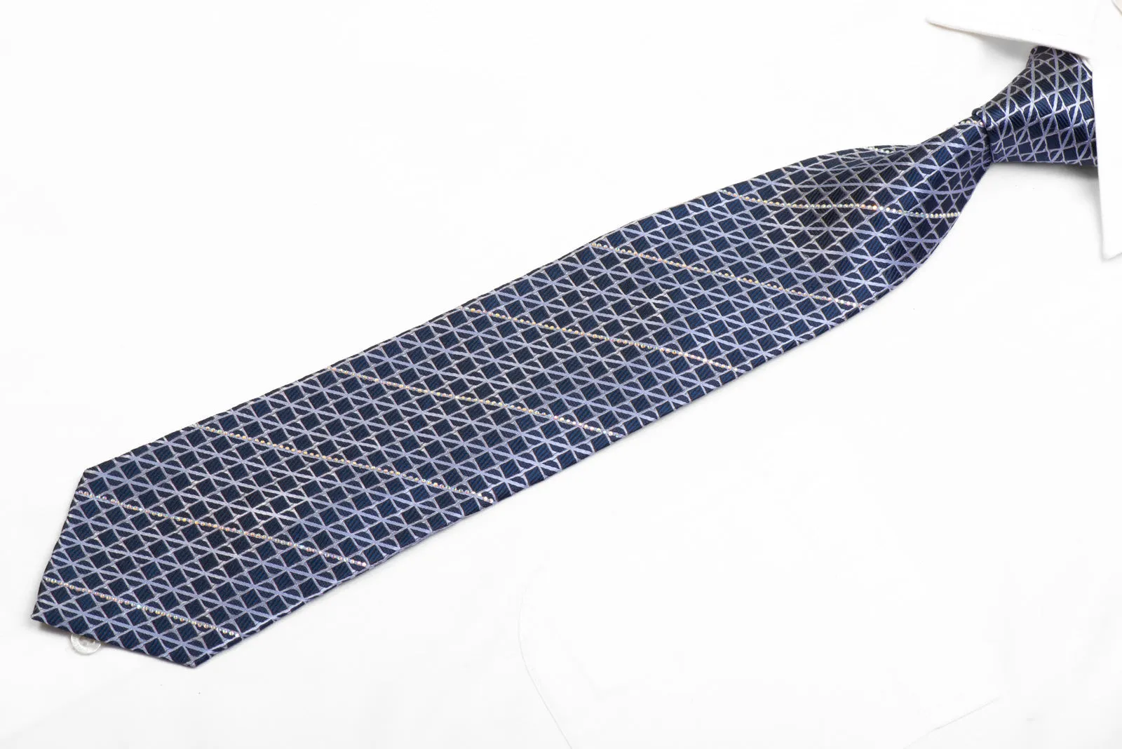Men's Silk Necktie Trellis On Blue With Striped Crystal AB Rhinestones