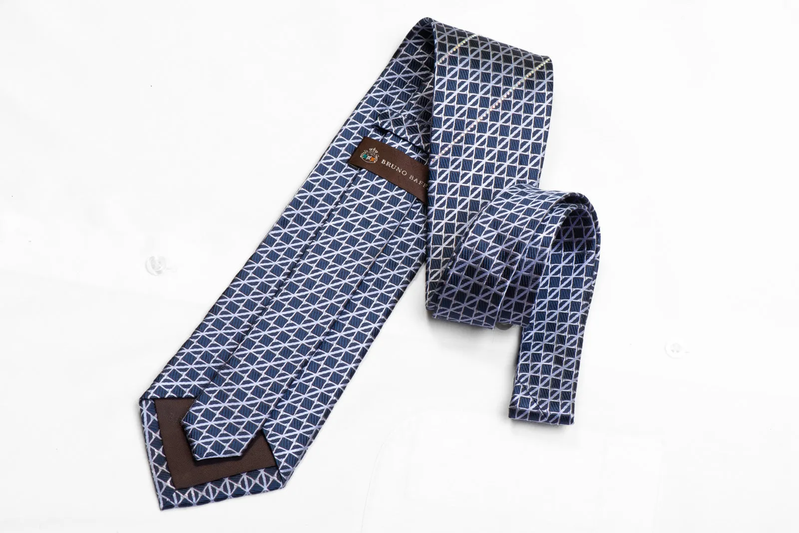 Men's Silk Necktie Trellis On Blue With Striped Crystal AB Rhinestones
