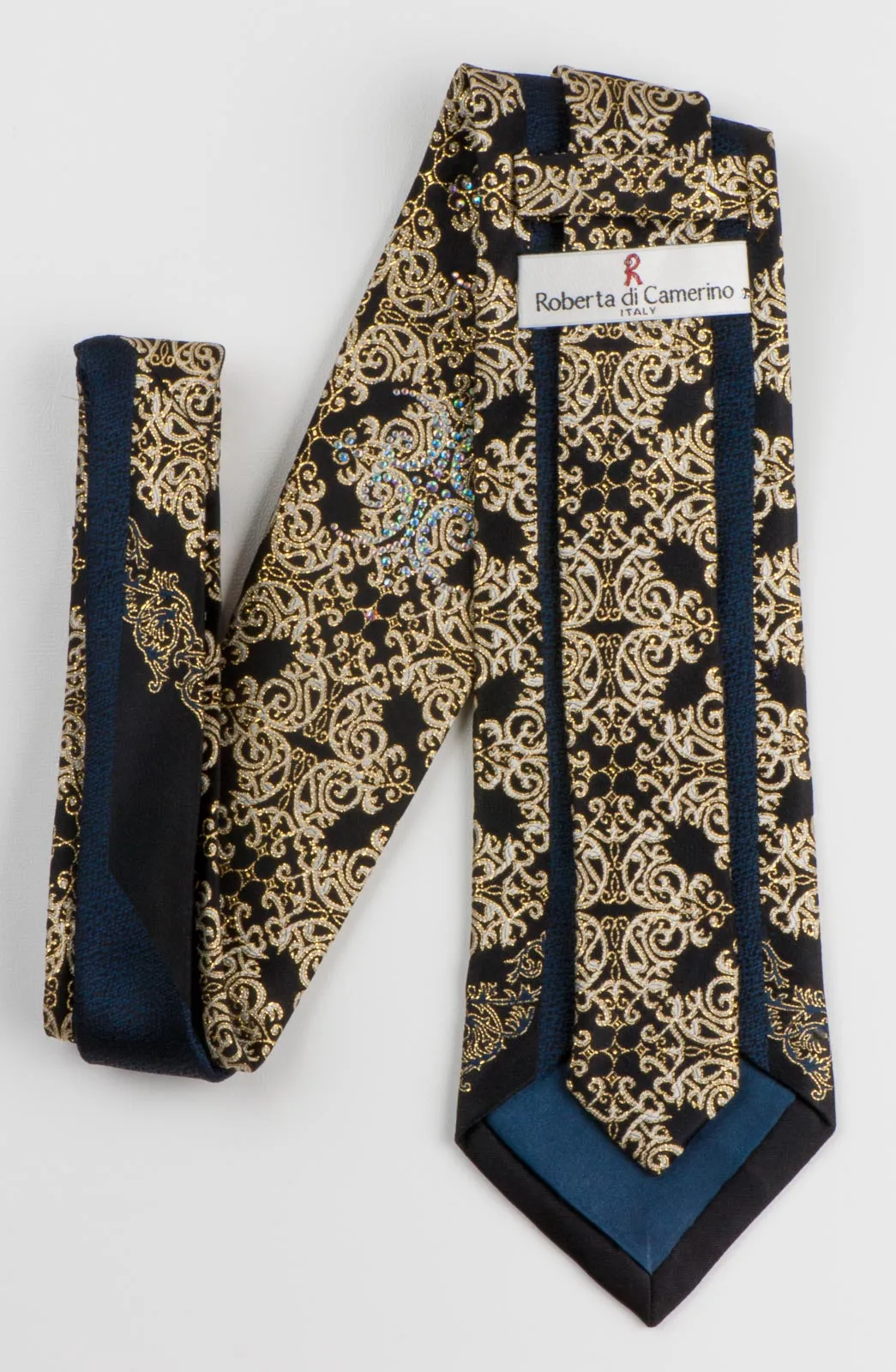 Men's Silk Rhinestone Tie Golden Damask On Black