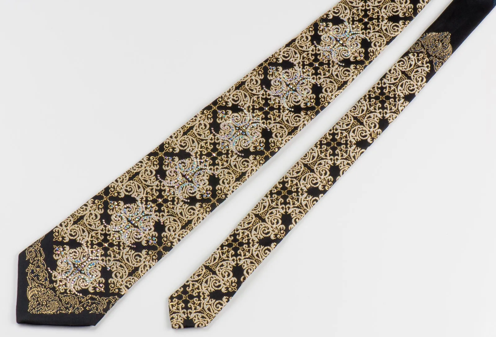 Men's Silk Rhinestone Tie Golden Damask On Black