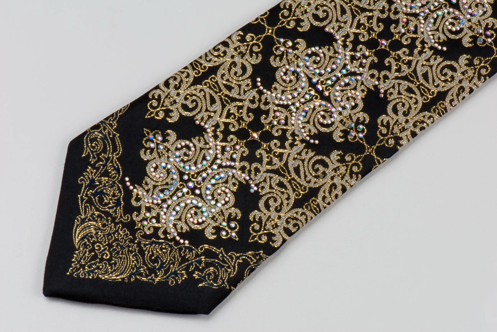Men's Silk Rhinestone Tie Golden Damask On Black