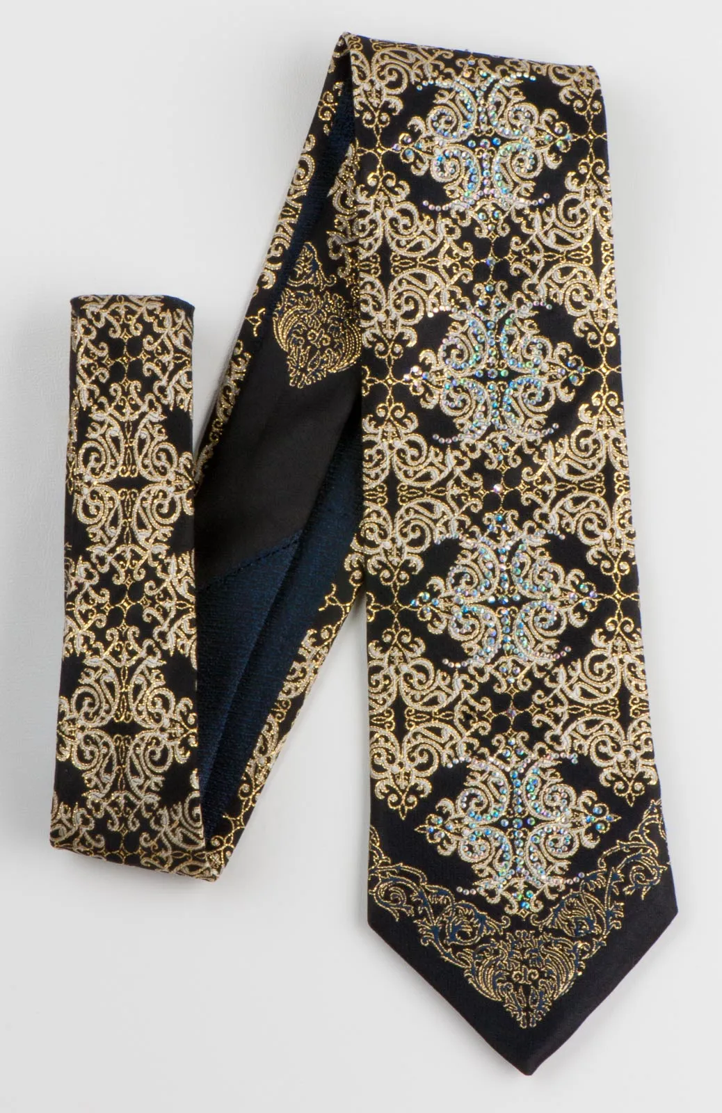 Men's Silk Rhinestone Tie Golden Damask On Black