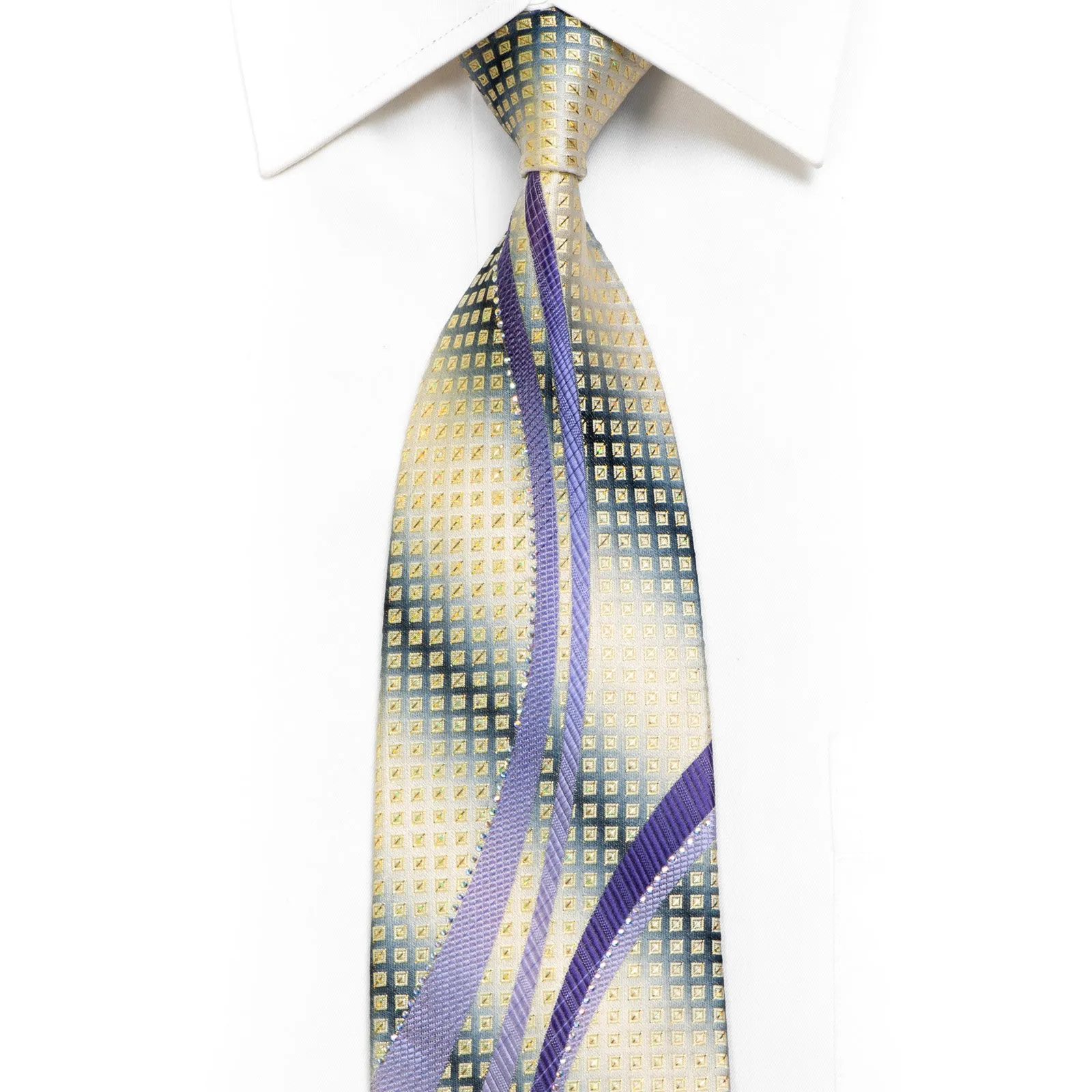Men's Silk Tie Mauve Waves On Silver With Rhinestones & Silver Sparkles