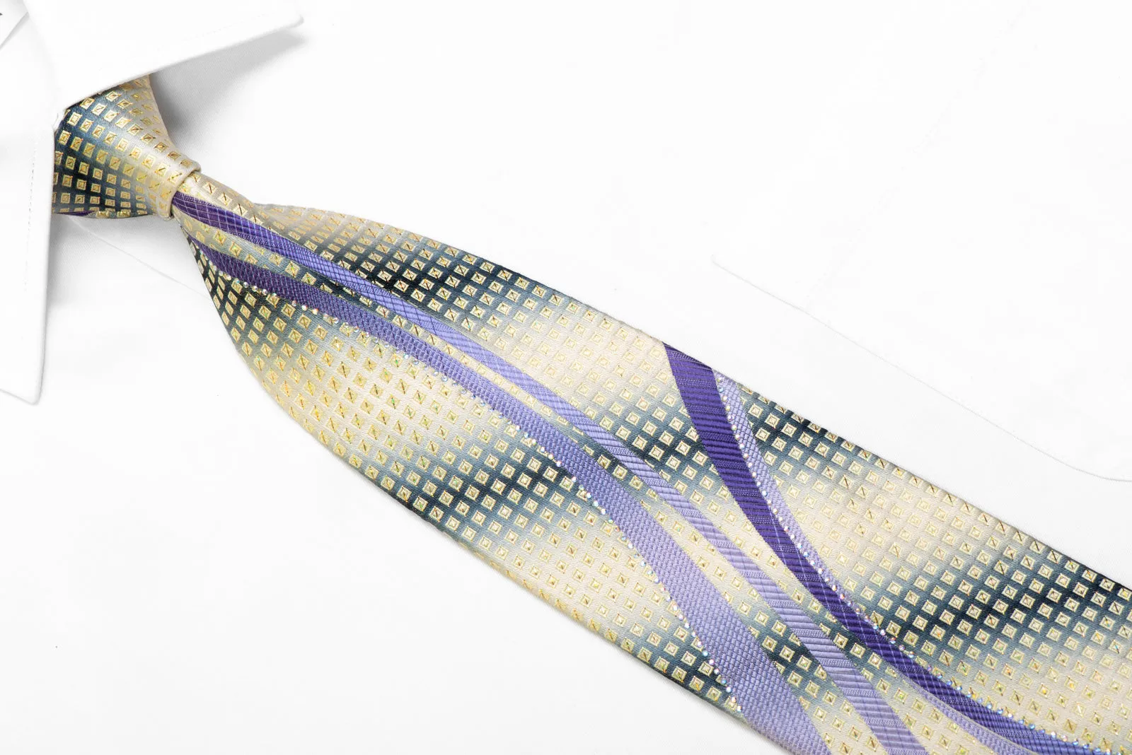 Men's Silk Tie Mauve Waves On Silver With Rhinestones & Silver Sparkles
