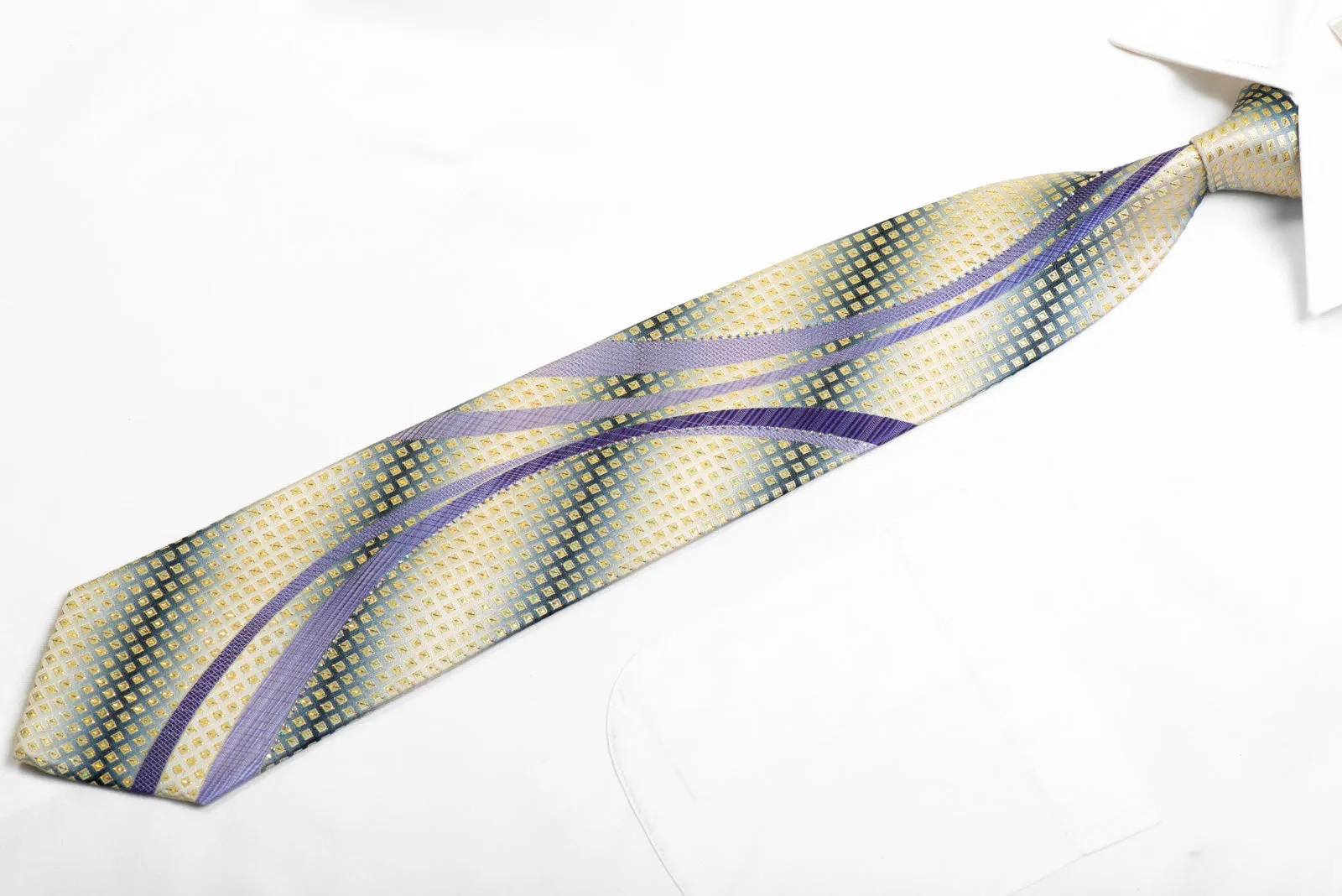 Men's Silk Tie Mauve Waves On Silver With Rhinestones & Silver Sparkles