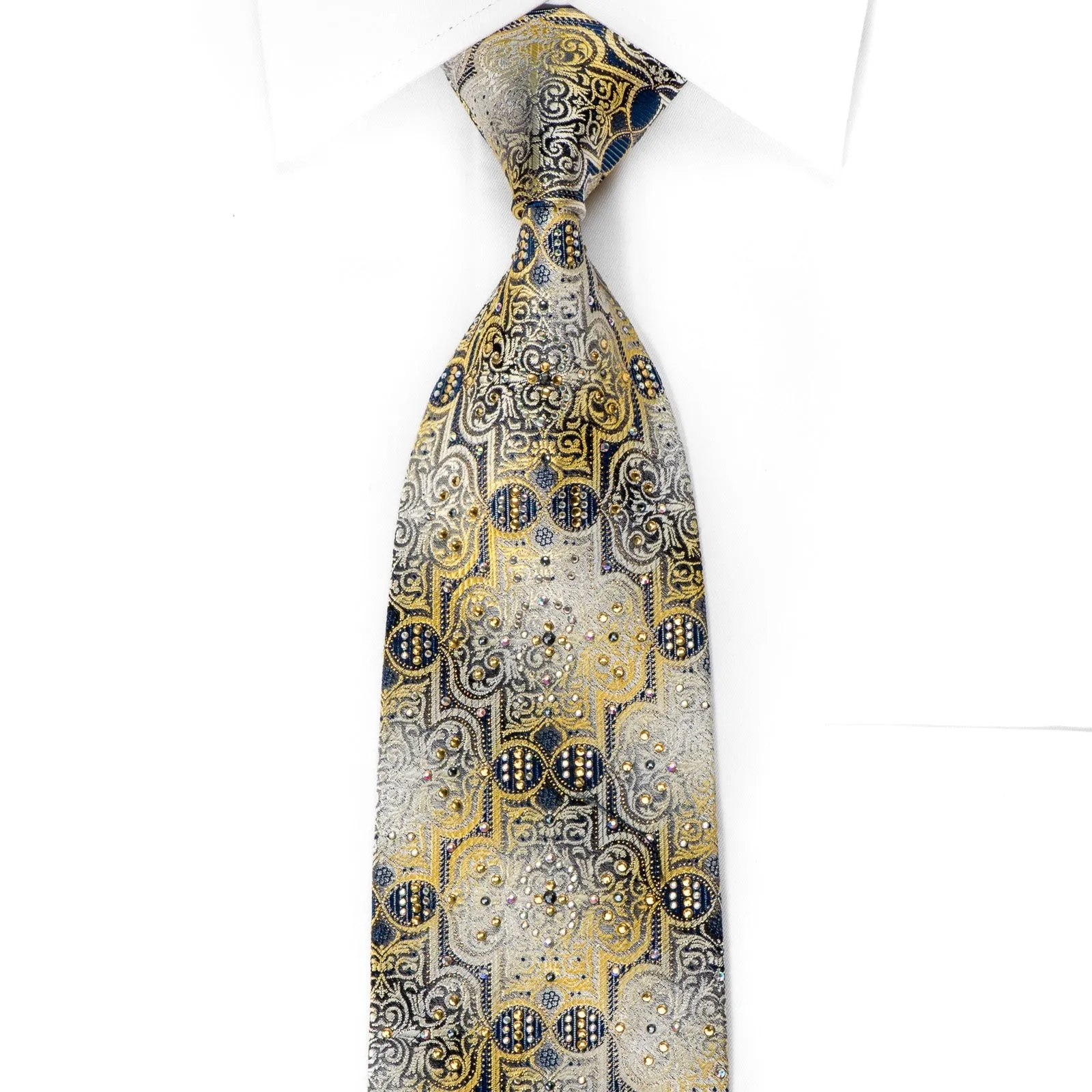 Metro City Men's Crystal Silk Necktie Silver Gold Damask On Navy With Gold Sparkles