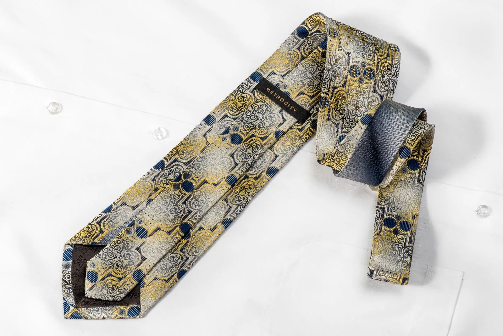 Metro City Men's Crystal Silk Necktie Silver Gold Damask On Navy With Gold Sparkles