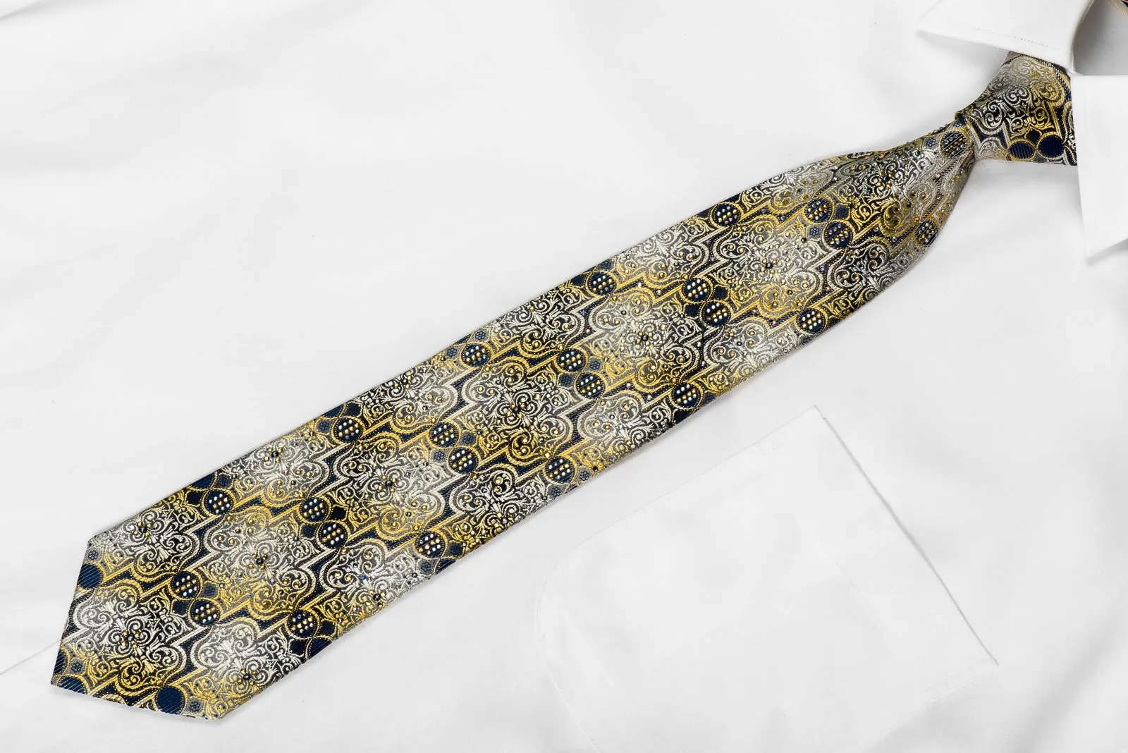 Metro City Men's Crystal Silk Necktie Silver Gold Damask On Navy With Gold Sparkles
