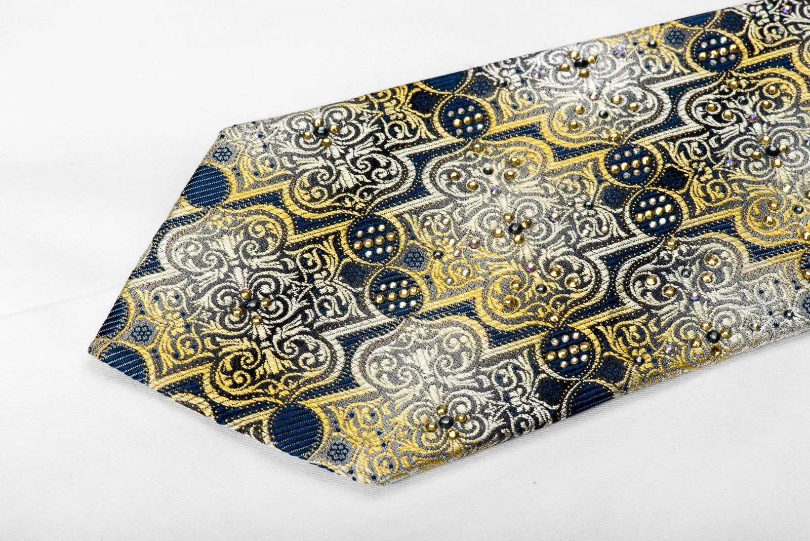 Metro City Men's Crystal Silk Necktie Silver Gold Damask On Navy With Gold Sparkles