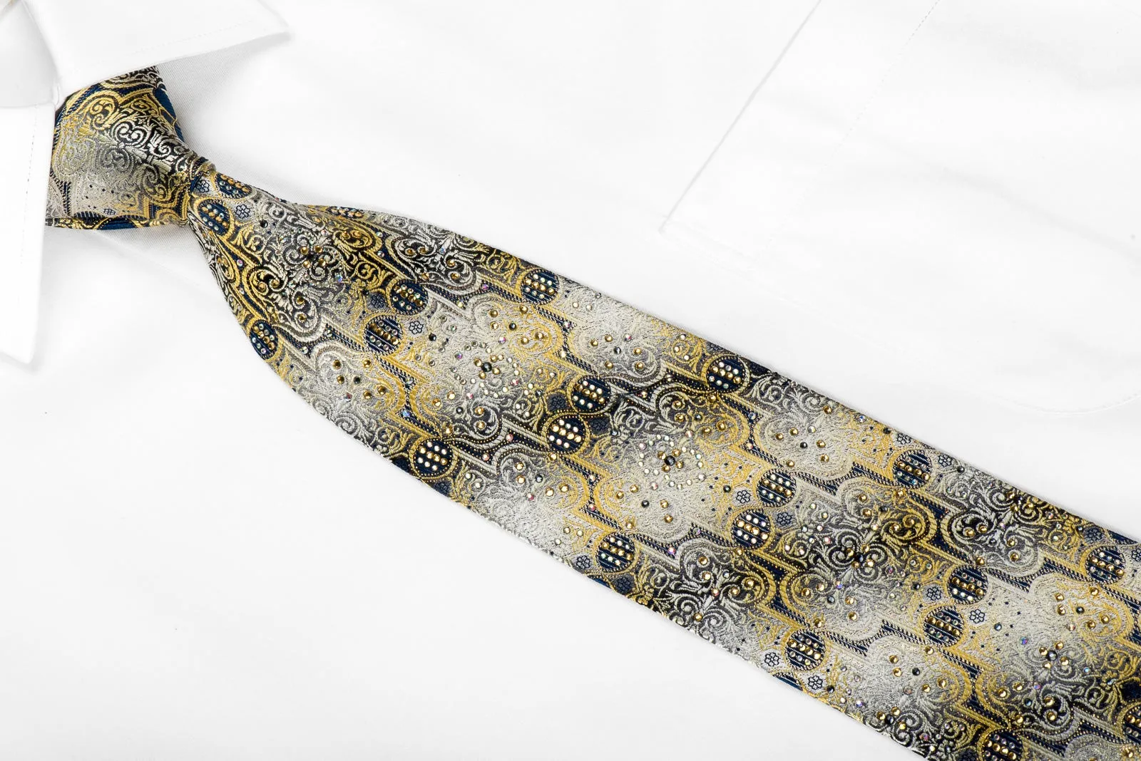 Metro City Men's Crystal Silk Necktie Silver Gold Damask On Navy With Gold Sparkles
