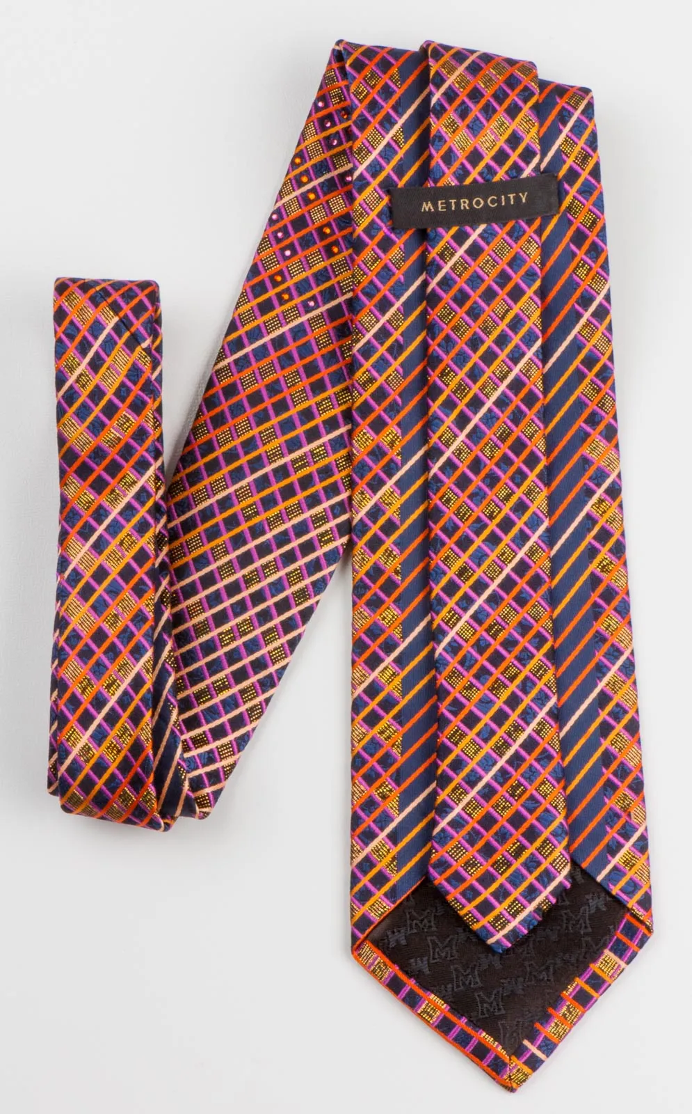 Metro City Men's Silk Rhinestone Tie Orange Blue Checked Design With Bronze Sparkles