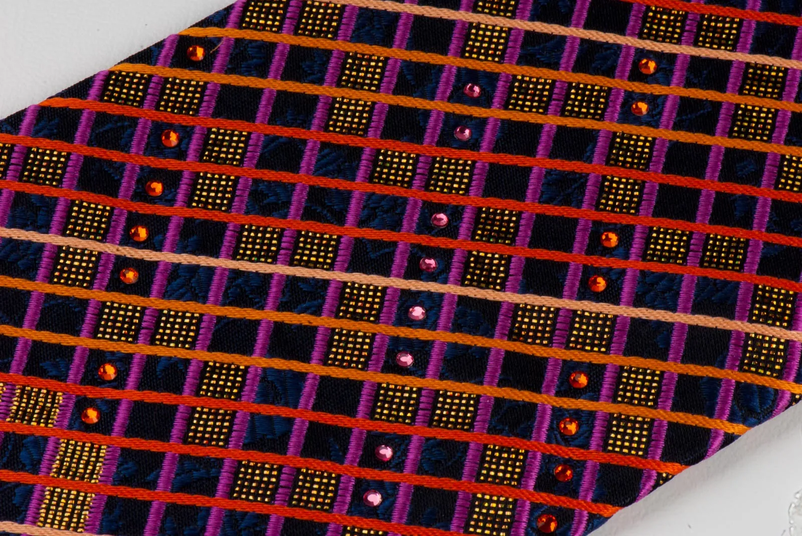 Metro City Men's Silk Rhinestone Tie Orange Blue Checked Design With Bronze Sparkles
