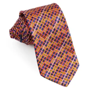 Metro City Men's Silk Rhinestone Tie Orange Blue Checked Design With Bronze Sparkles