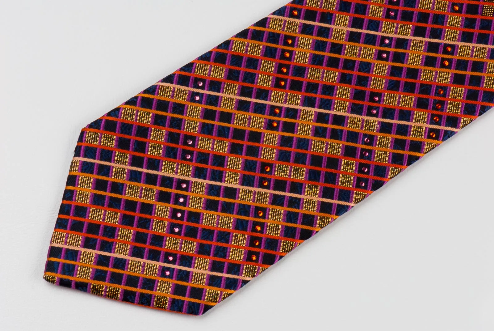 Metro City Men's Silk Rhinestone Tie Orange Blue Checked Design With Bronze Sparkles