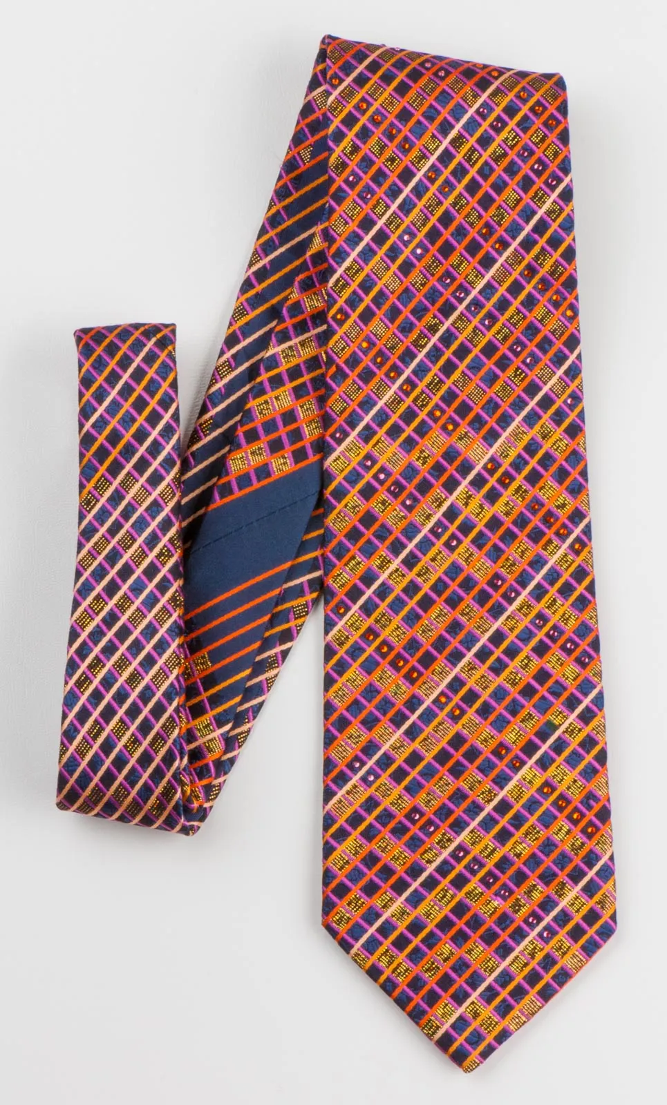 Metro City Men's Silk Rhinestone Tie Orange Blue Checked Design With Bronze Sparkles