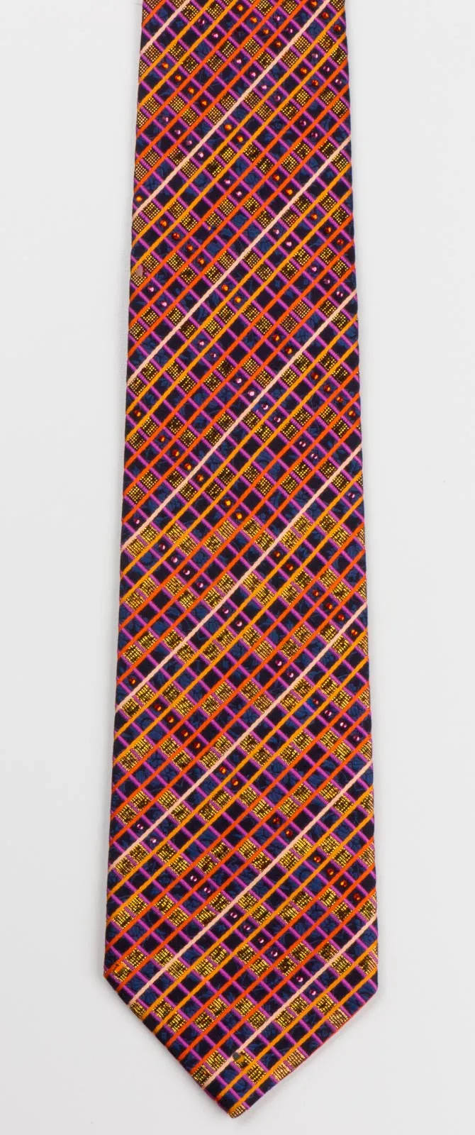 Metro City Men's Silk Rhinestone Tie Orange Blue Checked Design With Bronze Sparkles