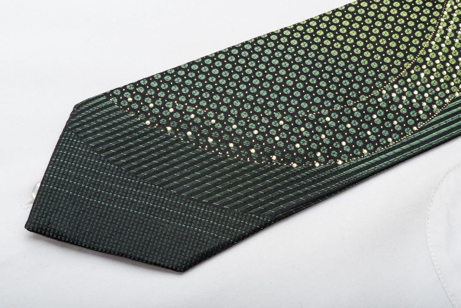 Michiko Men's Rhinestone Necktie Green Geometric On Black With Gold Sparkles