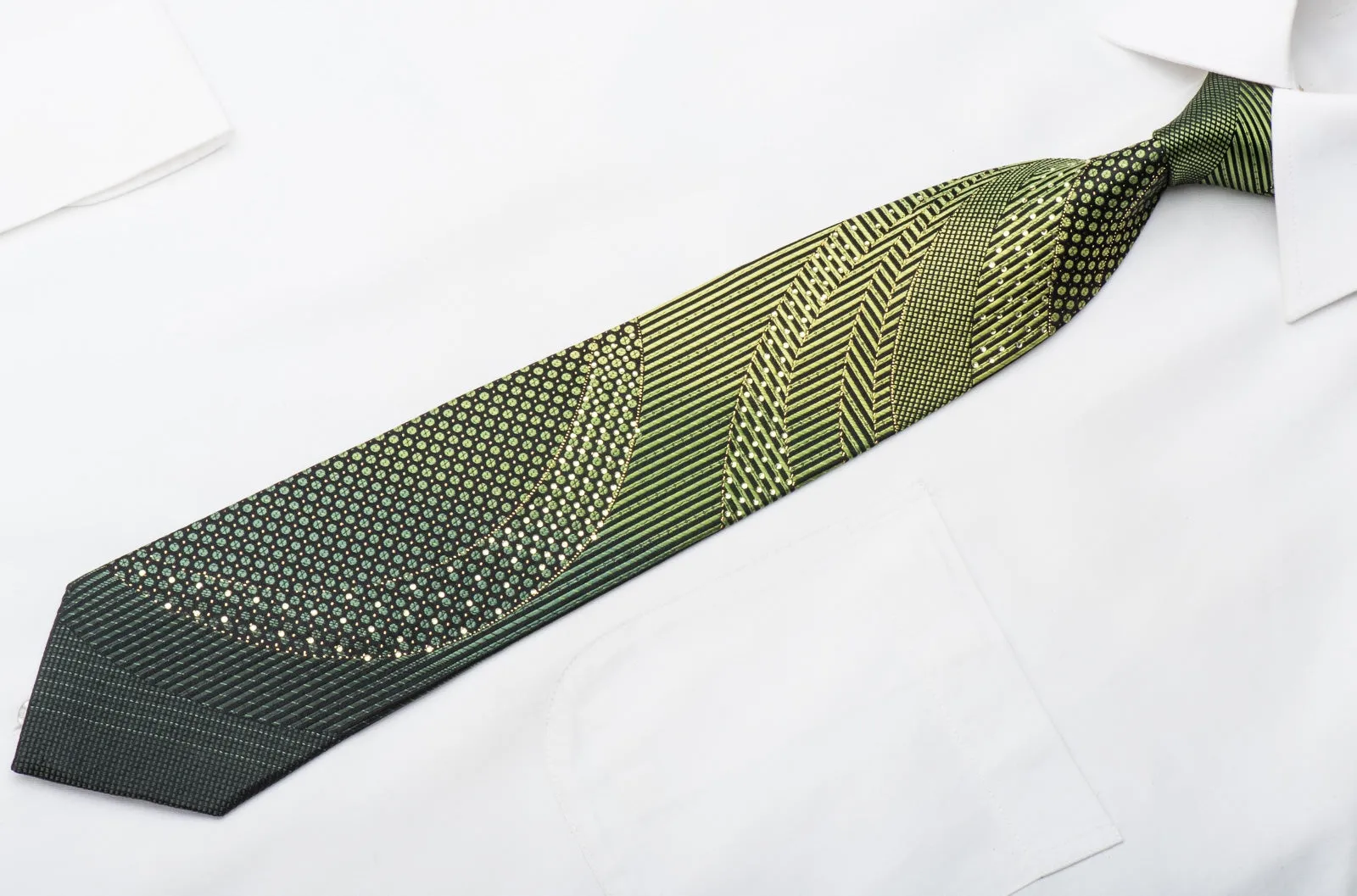 Michiko Men's Rhinestone Necktie Green Geometric On Black With Gold Sparkles
