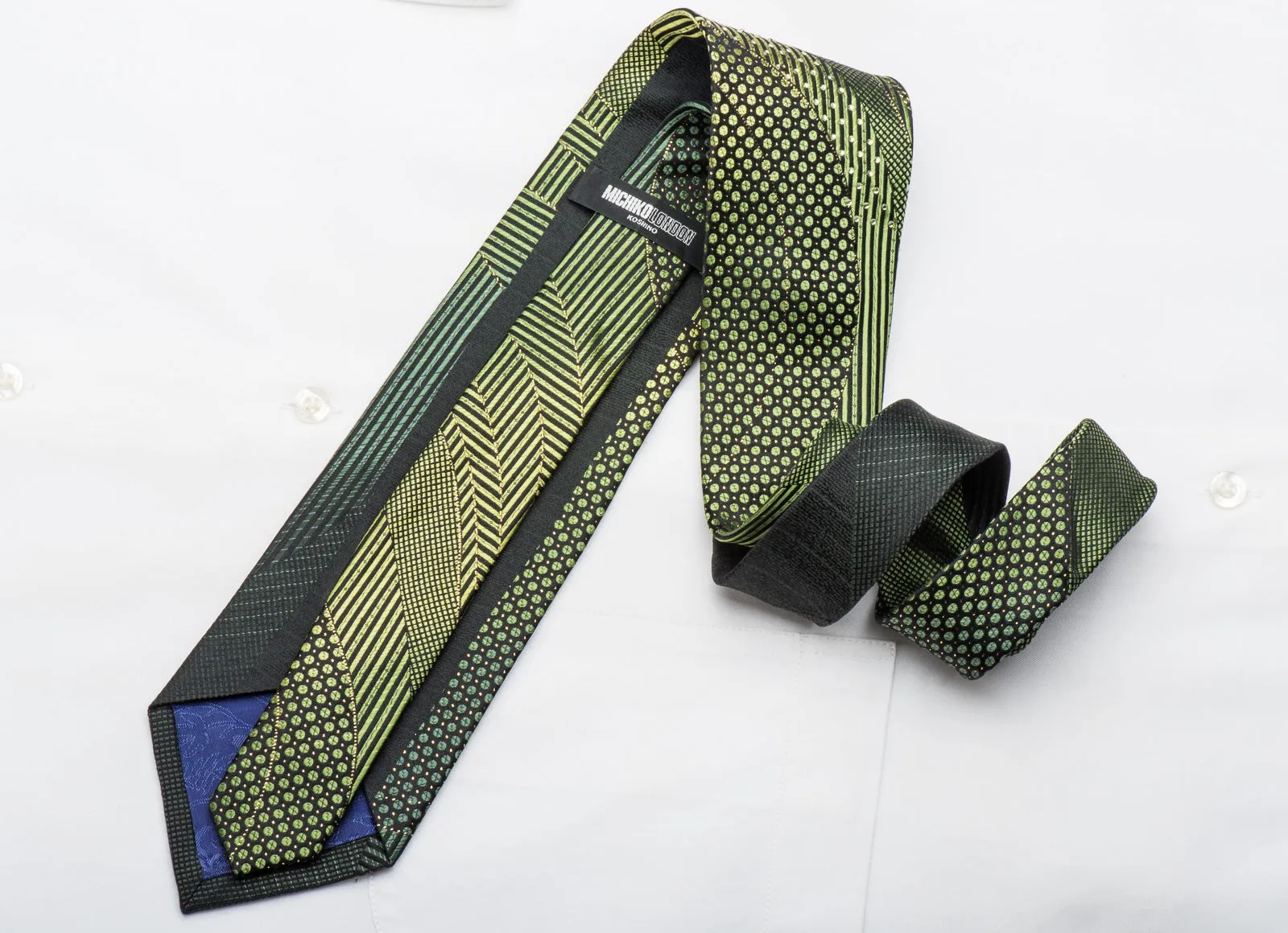 Michiko Men's Rhinestone Necktie Green Geometric On Black With Gold Sparkles