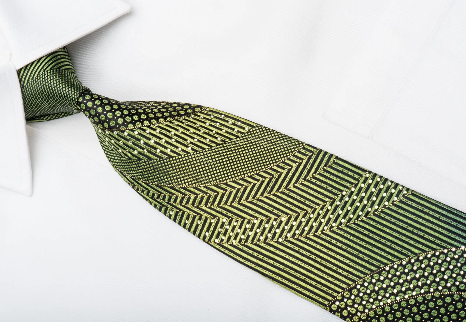 Michiko Men's Rhinestone Necktie Green Geometric On Black With Gold Sparkles
