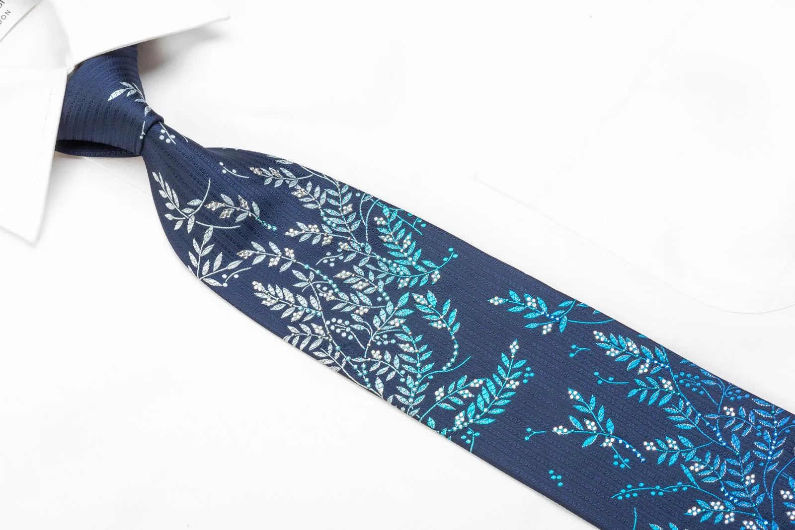 Mila Schon Men's Crystal Rhinestone Necktie Floral On Blue With Sparkles