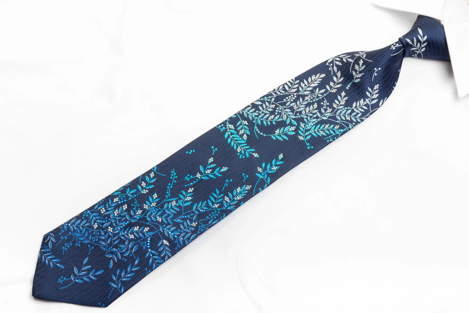 Mila Schon Men's Crystal Rhinestone Necktie Floral On Blue With Sparkles