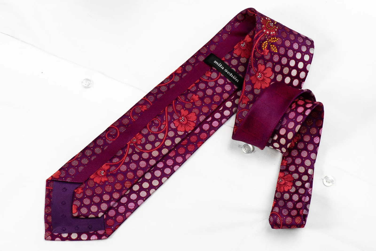 Mila Schon Men's Crystal Silk Tie Red Floral & Dots On Purple With Gold Sparkles