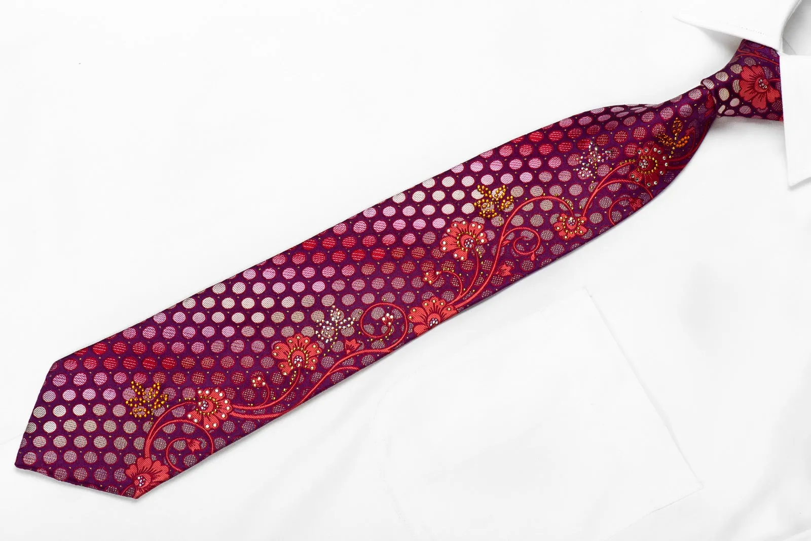 Mila Schon Men's Crystal Silk Tie Red Floral & Dots On Purple With Gold Sparkles