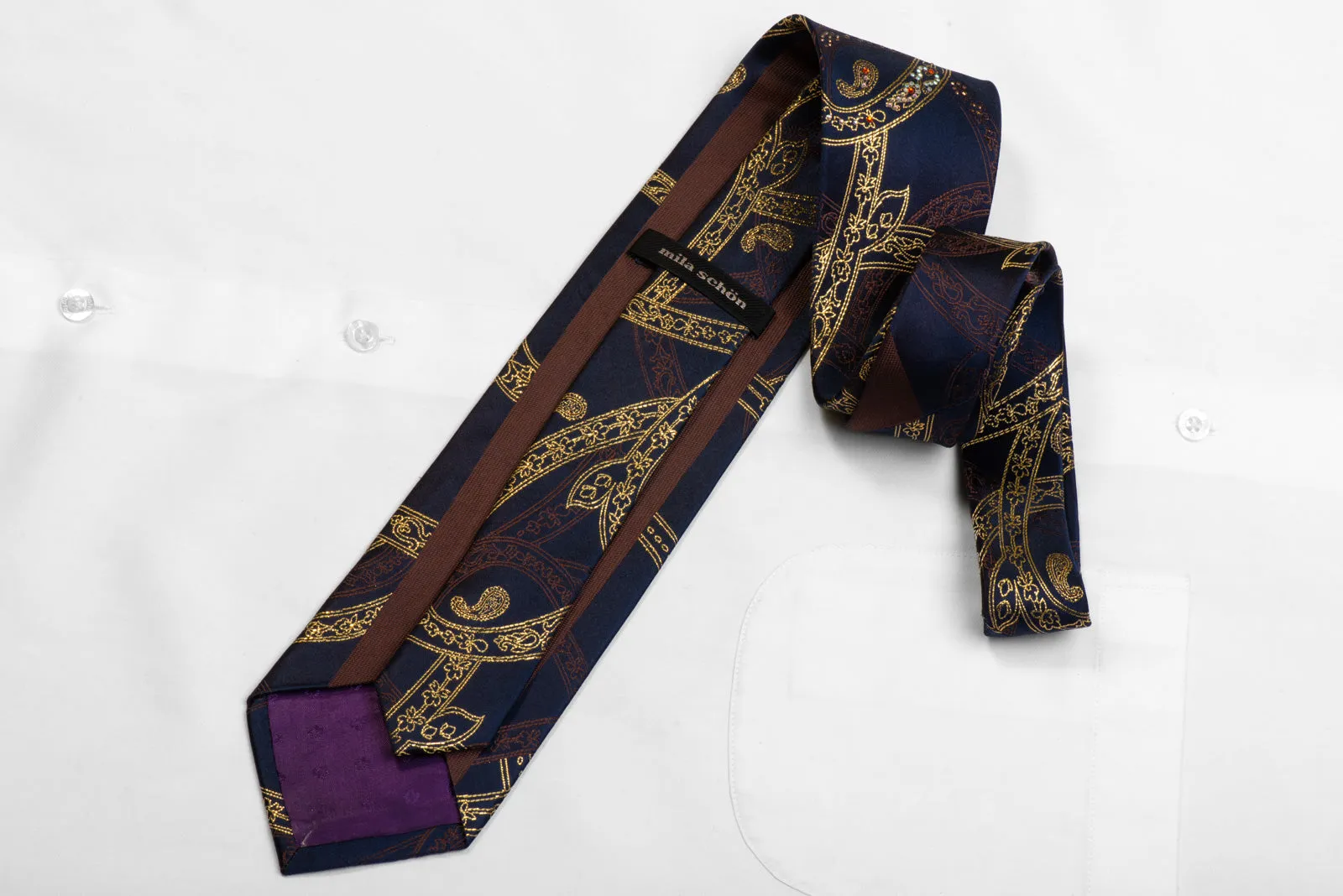 Mila Schon Rhinestone Necktie Gold Scroll Paisley On Navy With Sparkles