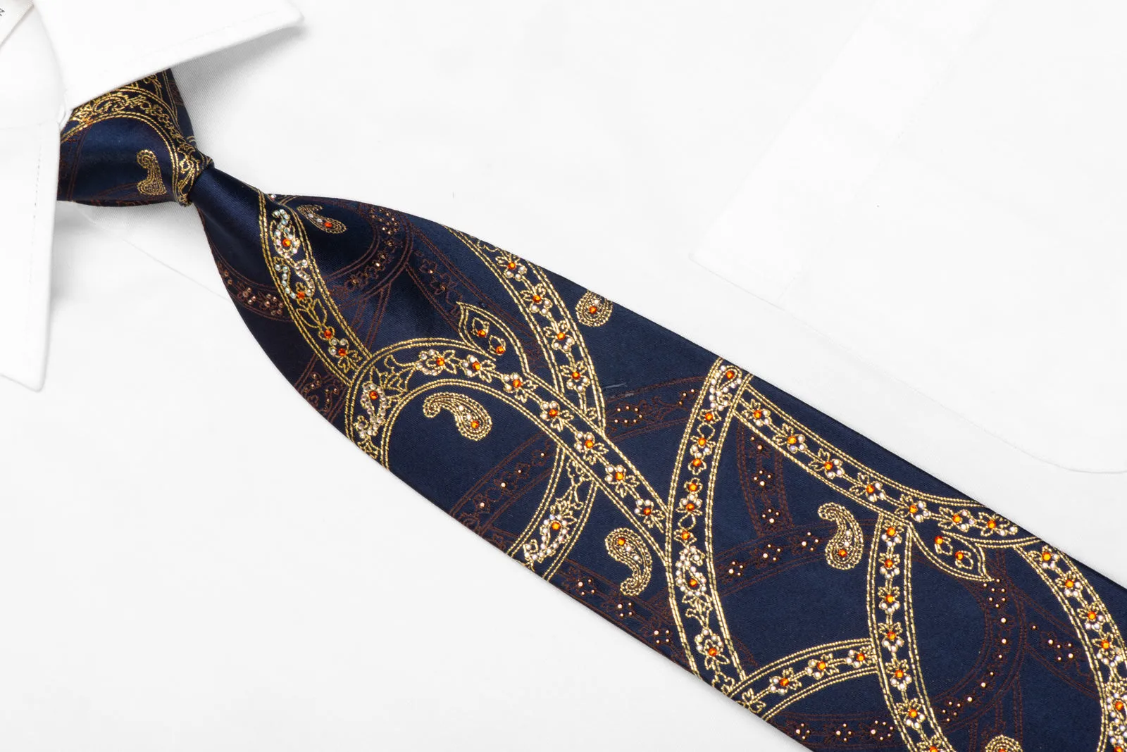 Mila Schon Rhinestone Necktie Gold Scroll Paisley On Navy With Sparkles