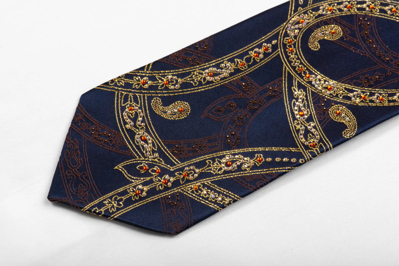 Mila Schon Rhinestone Necktie Gold Scroll Paisley On Navy With Sparkles