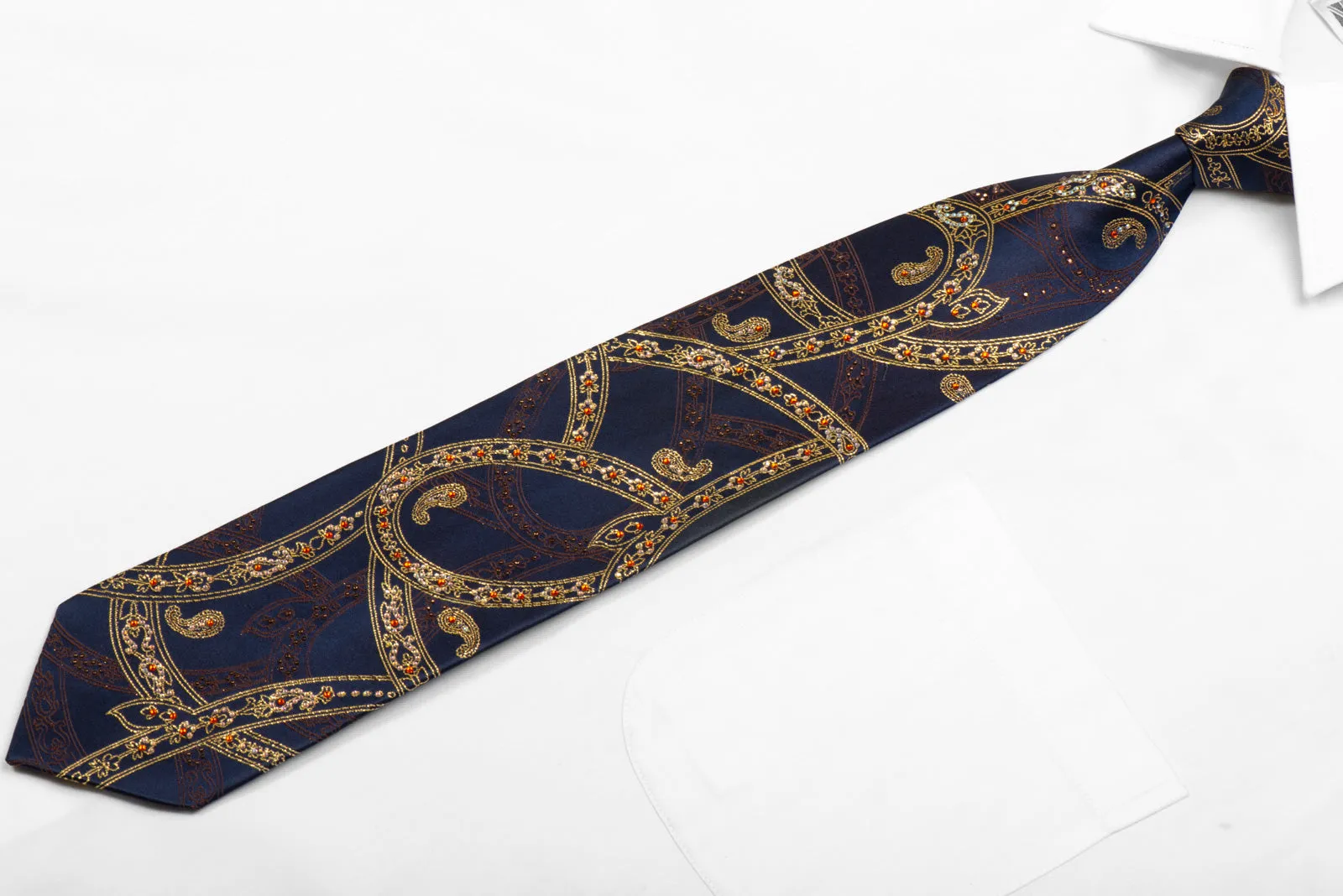 Mila Schon Rhinestone Necktie Gold Scroll Paisley On Navy With Sparkles