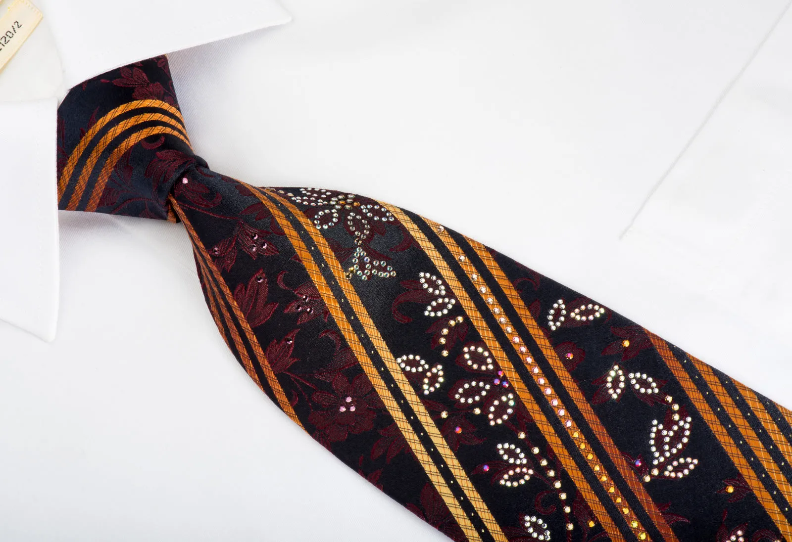 Mila Schon Rhinestone Silk Necktie Orange Stripes On Black With Silver Sparkles