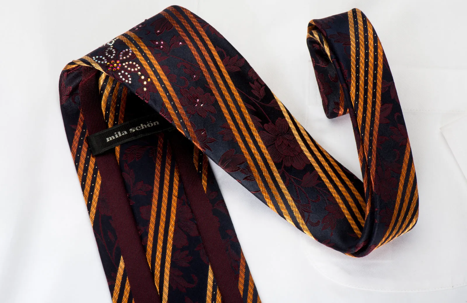 Mila Schon Rhinestone Silk Necktie Orange Stripes On Black With Silver Sparkles