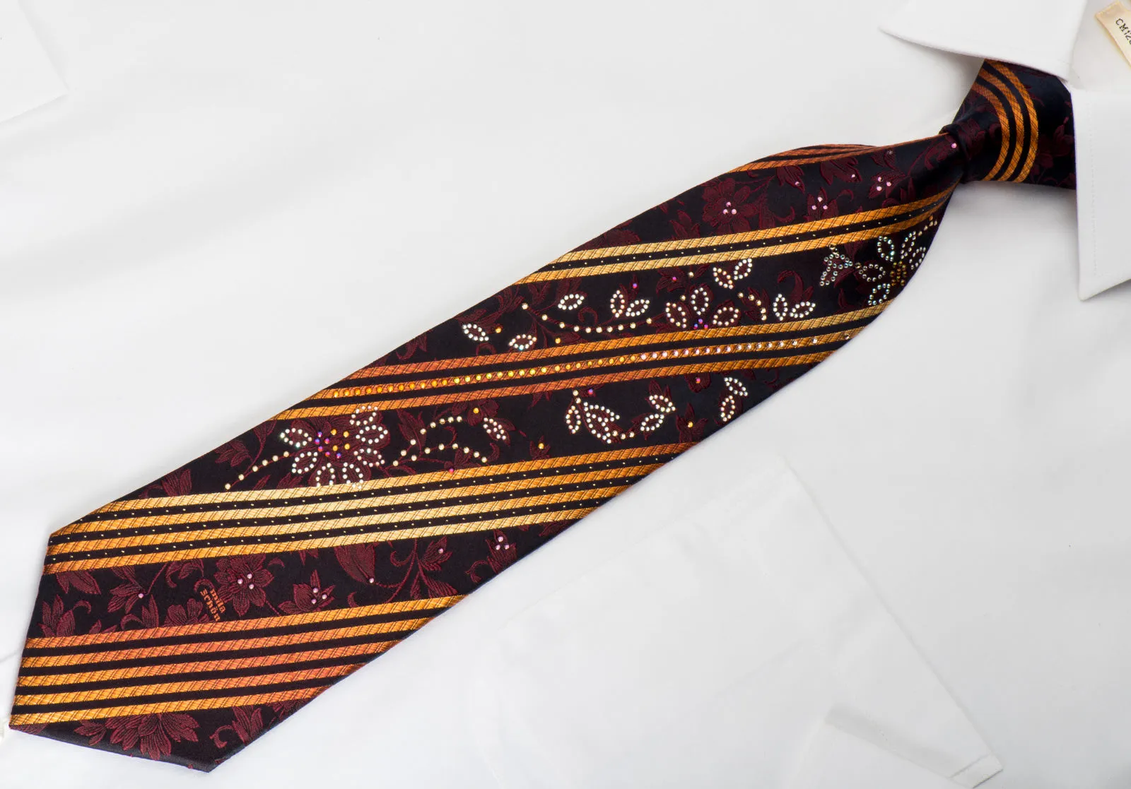 Mila Schon Rhinestone Silk Necktie Orange Stripes On Black With Silver Sparkles