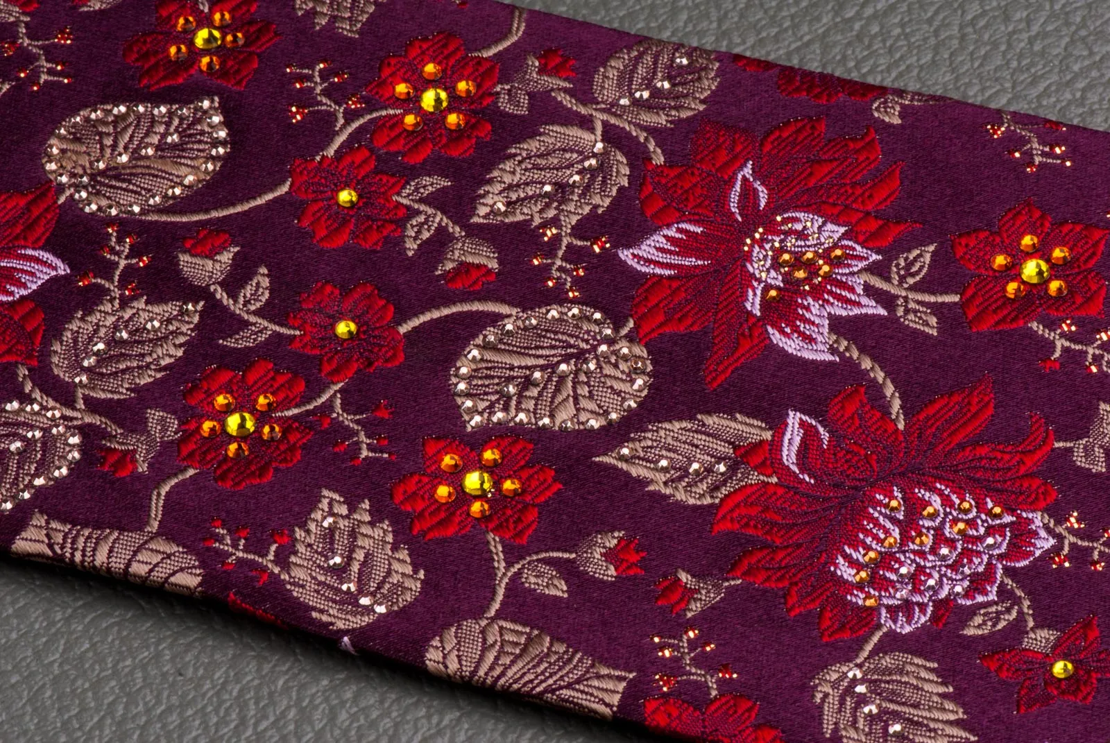 Mila Schon Silk Neck Tie Floral Design On Burgundy With Rhinestones 3 1/2 Inch
