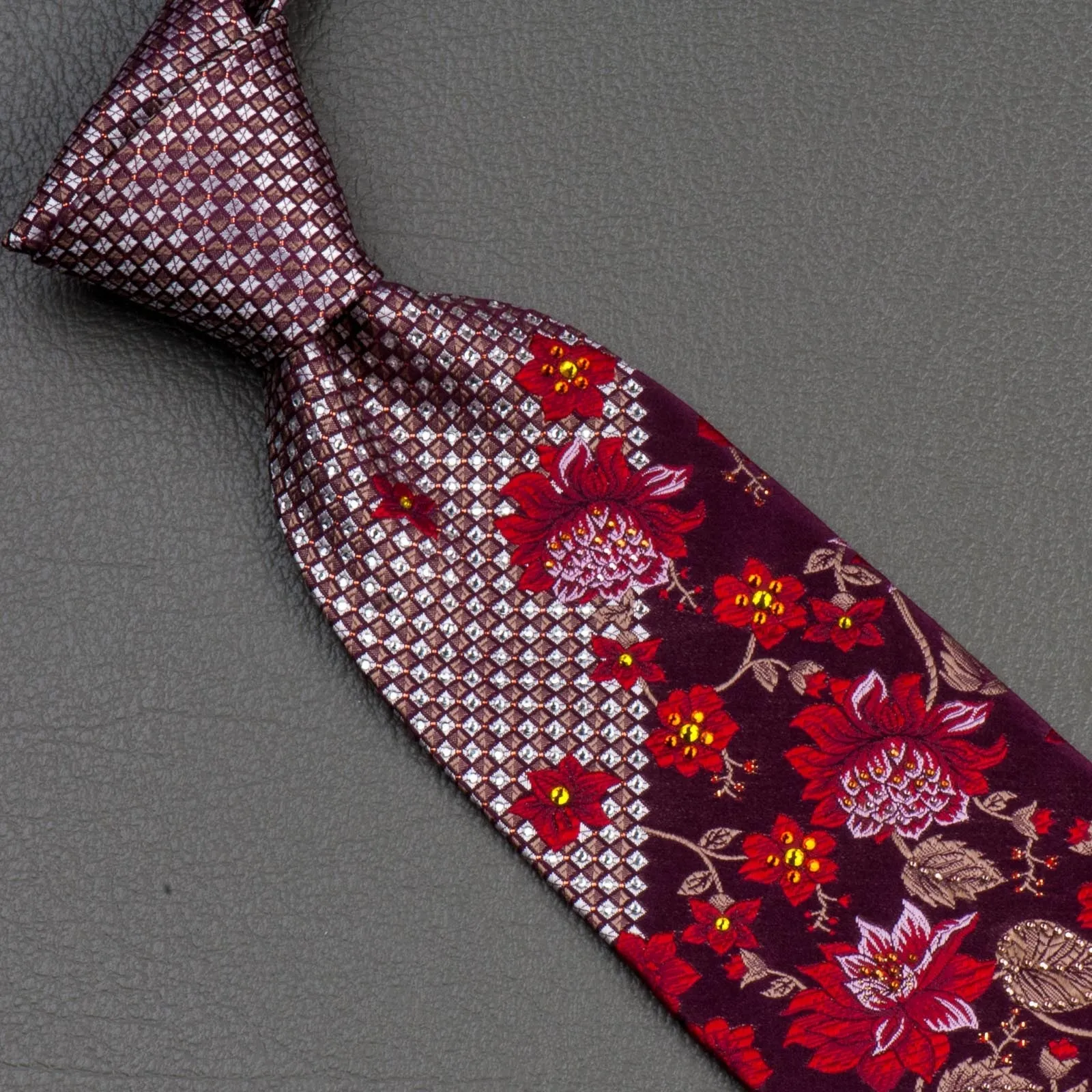Mila Schon Silk Neck Tie Floral Design On Burgundy With Rhinestones 3 1/2 Inch