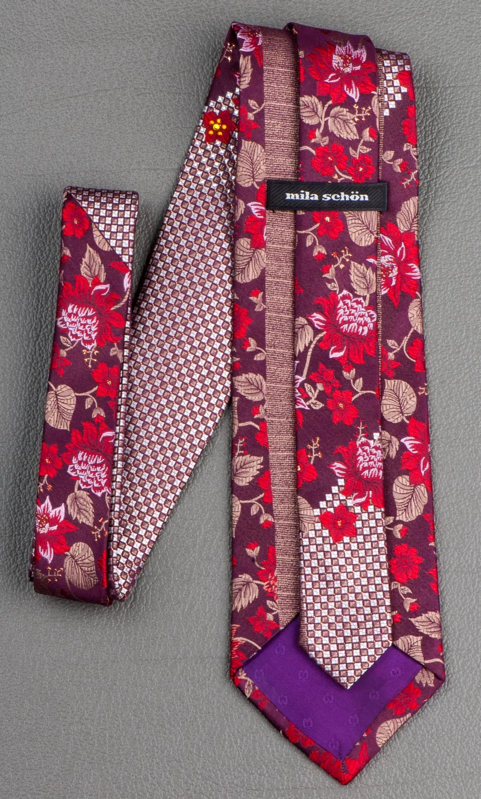 Mila Schon Silk Neck Tie Floral Design On Burgundy With Rhinestones 3 1/2 Inch