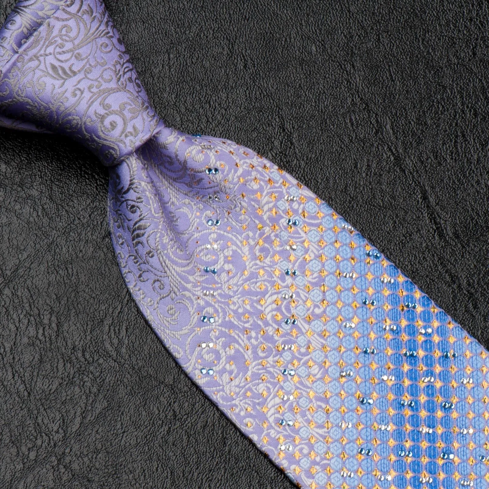 Nicole St Giles Silk Neck Tie Silver Vines On Purple With Rhinestones 3 1/2 Inch