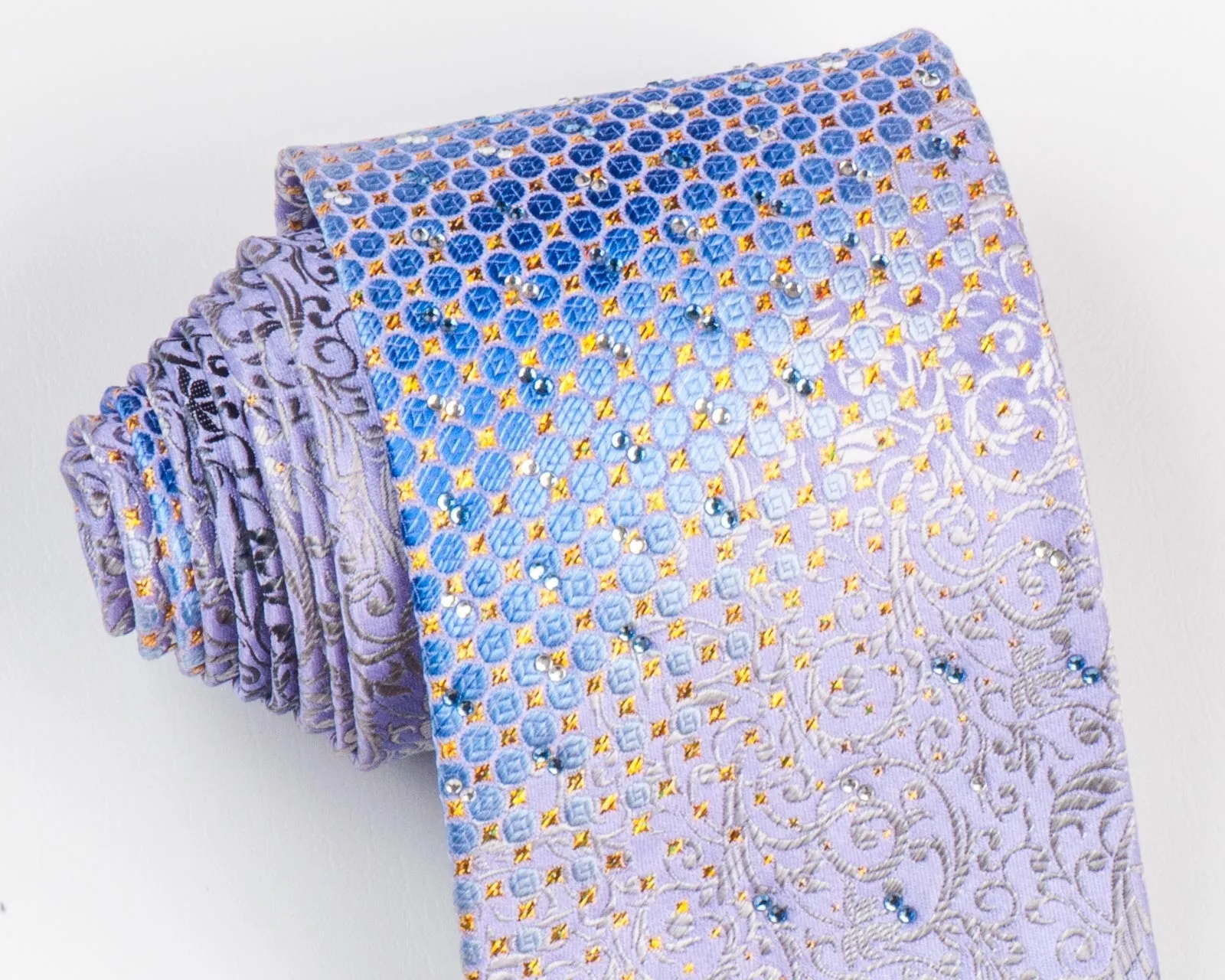 Nicole St Giles Silk Neck Tie Silver Vines On Purple With Rhinestones 3 1/2 Inch