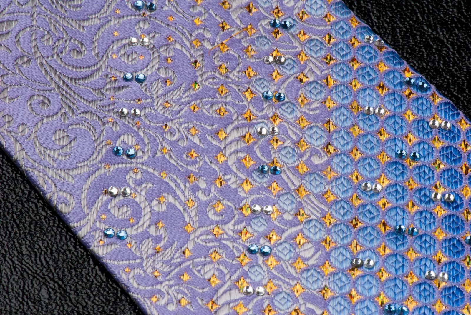 Nicole St Giles Silk Neck Tie Silver Vines On Purple With Rhinestones 3 1/2 Inch