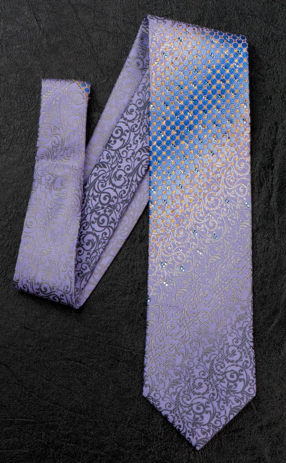 Nicole St Giles Silk Neck Tie Silver Vines On Purple With Rhinestones 3 1/2 Inch