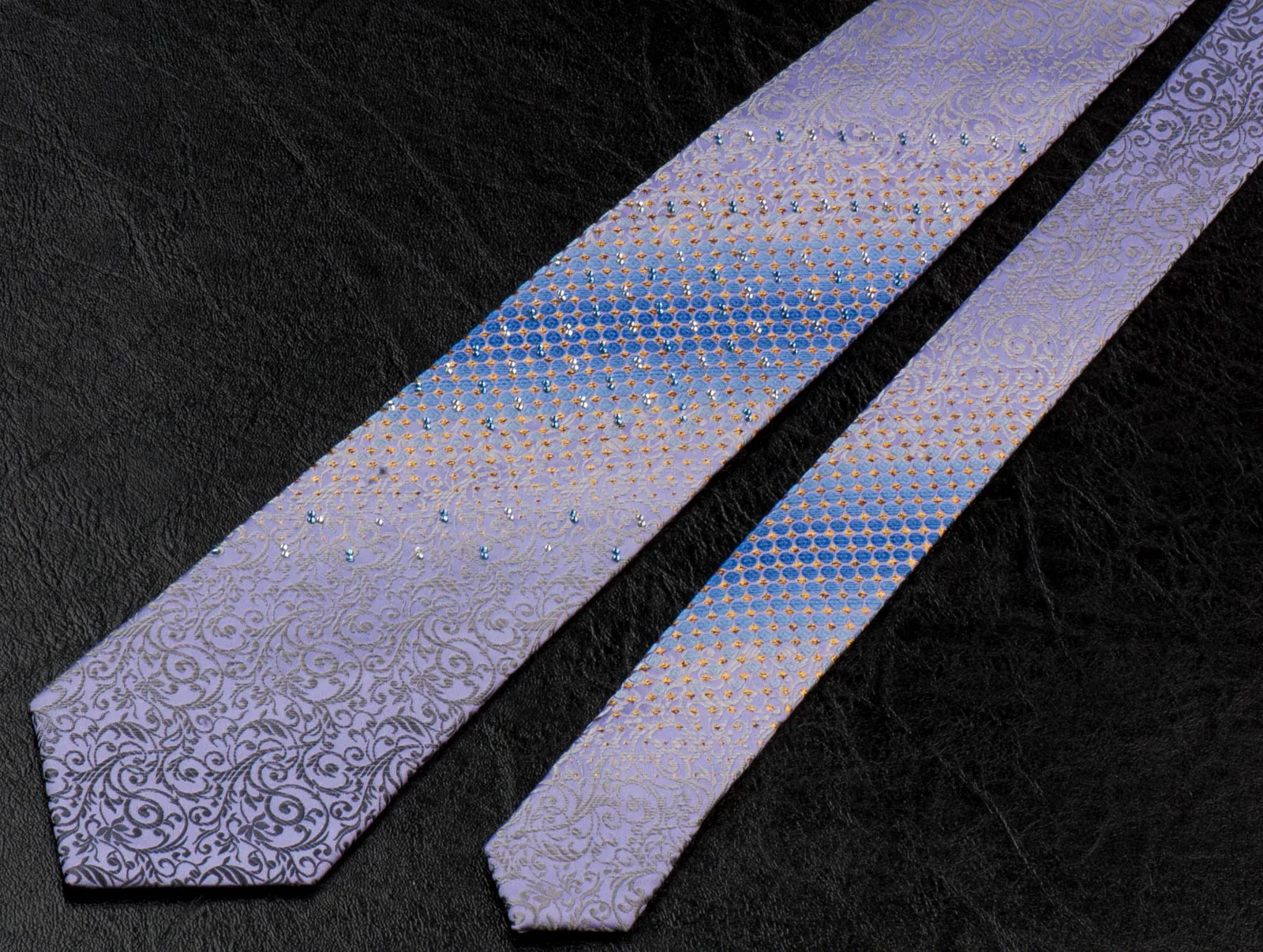 Nicole St Giles Silk Neck Tie Silver Vines On Purple With Rhinestones 3 1/2 Inch