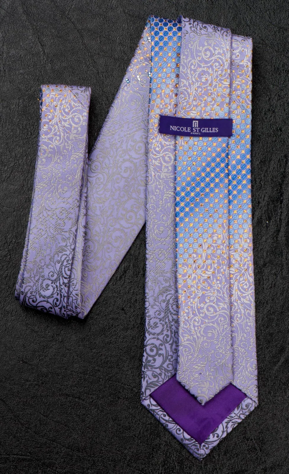 Nicole St Giles Silk Neck Tie Silver Vines On Purple With Rhinestones 3 1/2 Inch