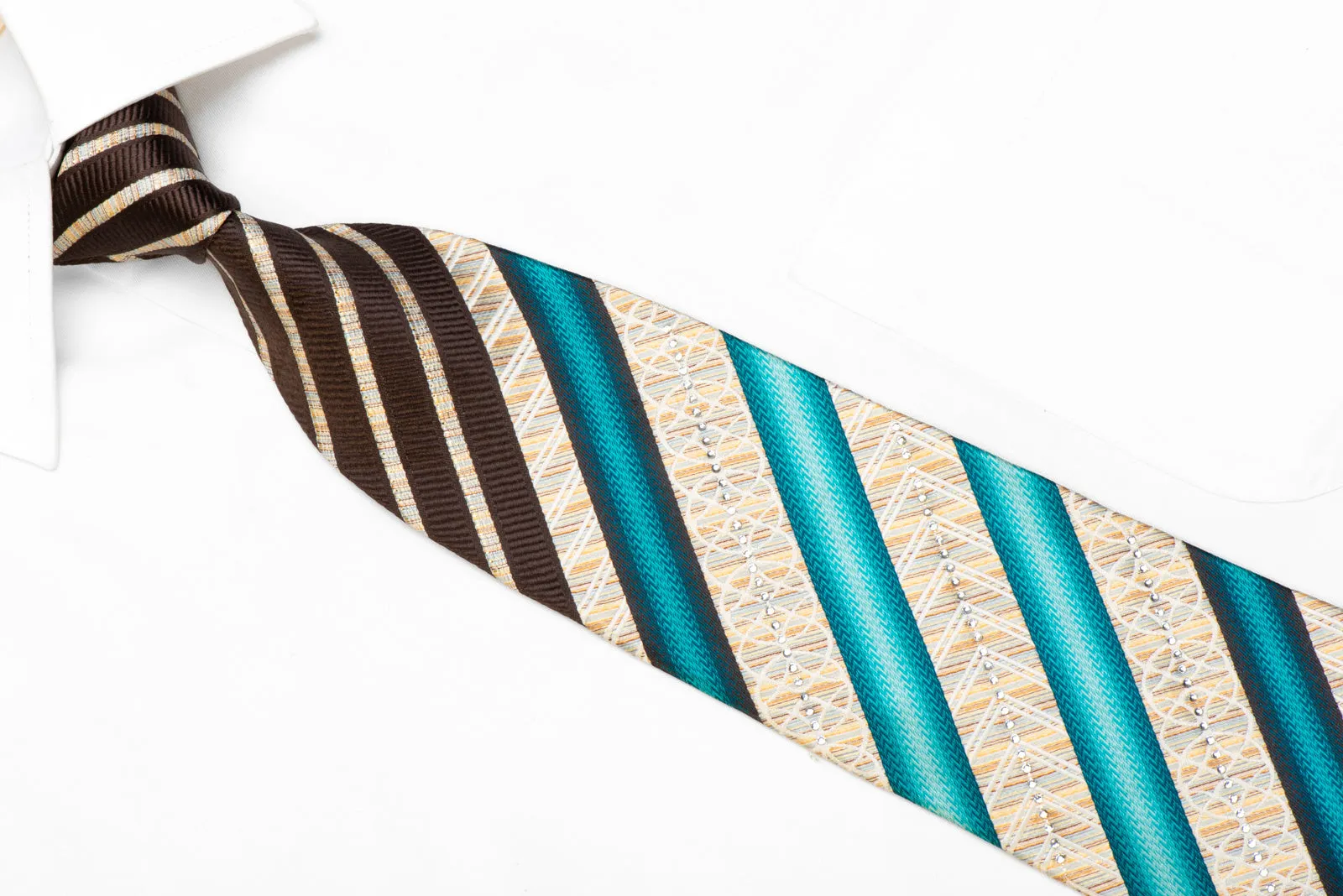 Nina Ricci Rhinestone Silk Necktie Teal Brown Striped With Sparkles