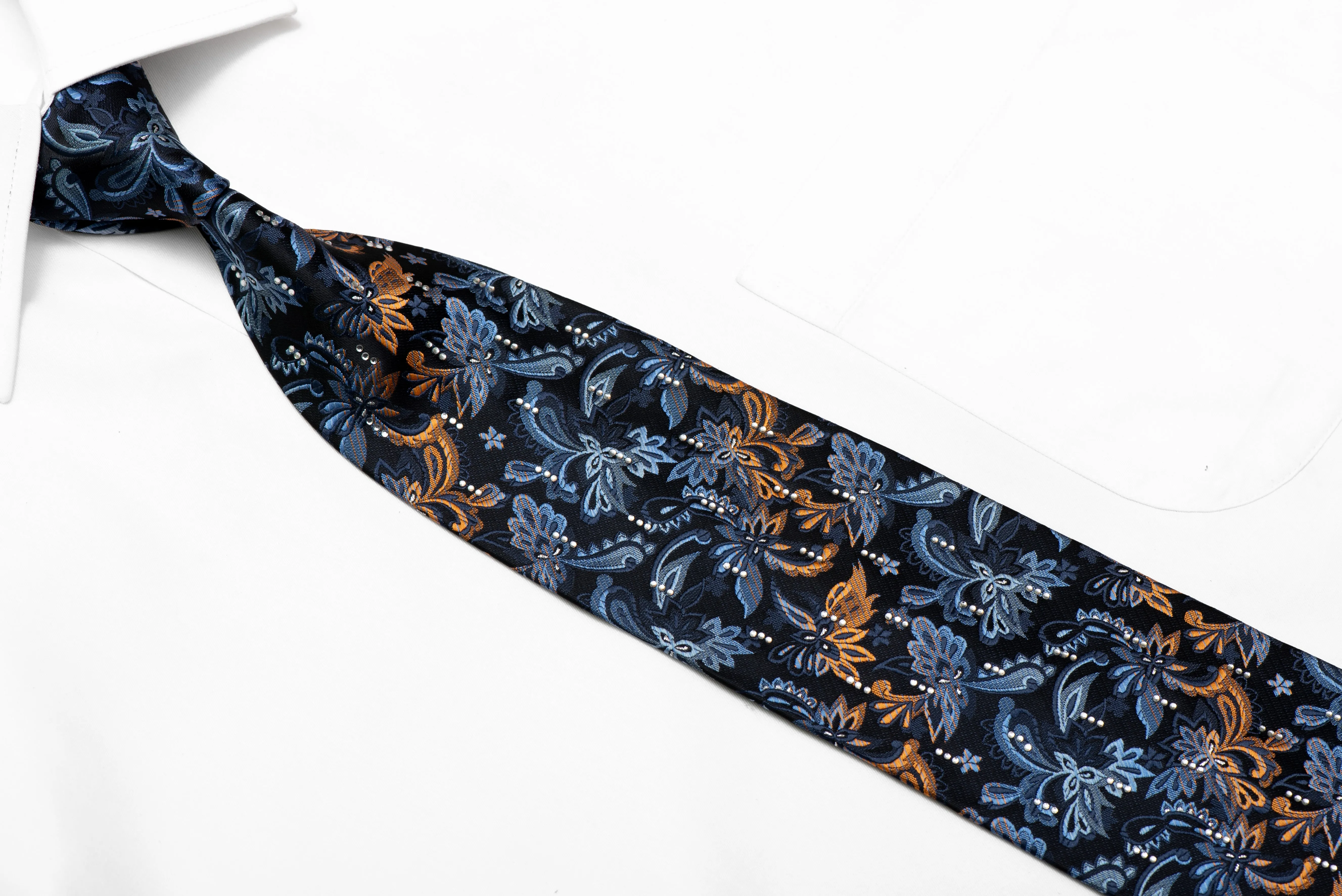 Orange Blue Acanthus Floral On Navy Blue Microfiber Rhinestone Necktie With Sparkles