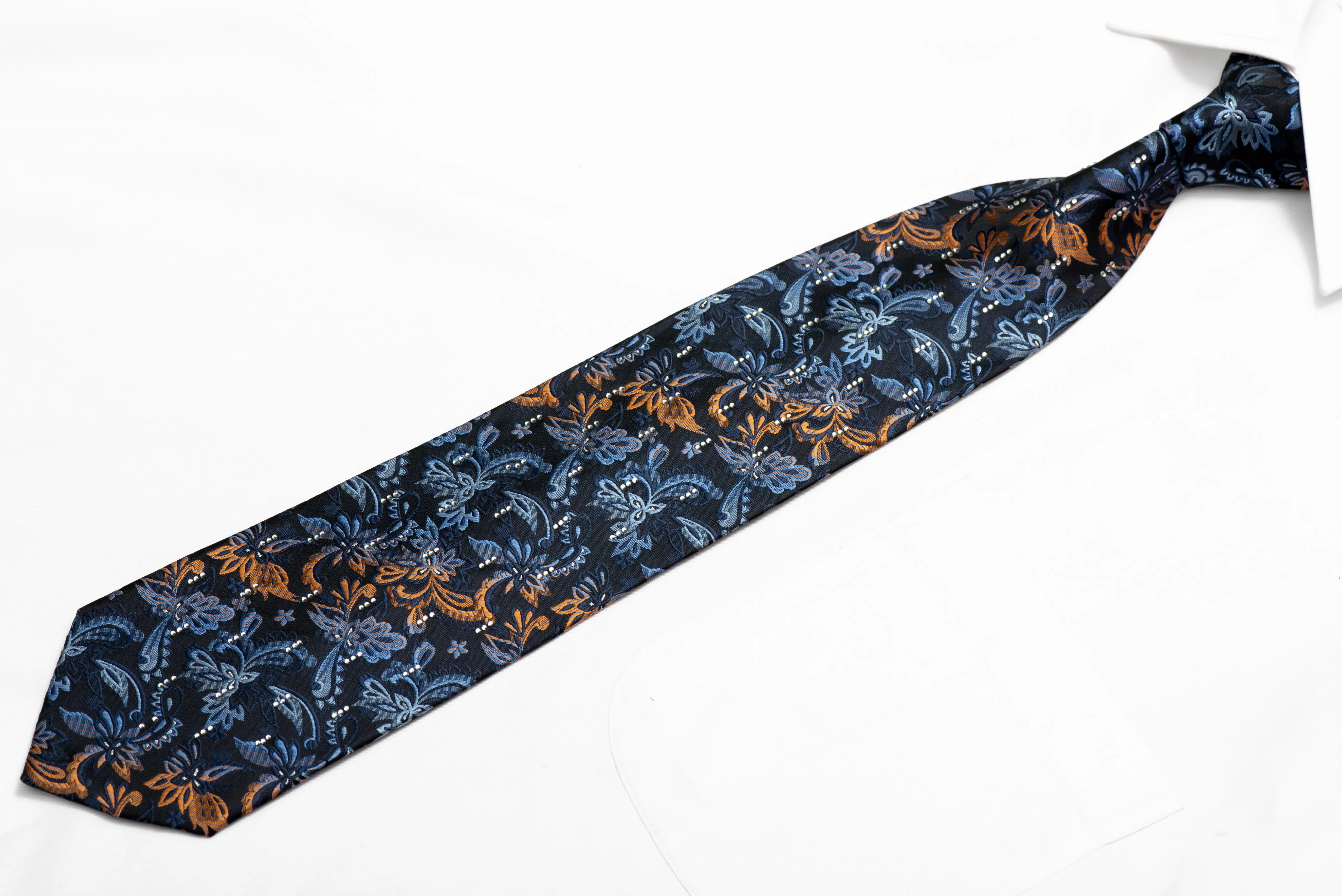 Orange Blue Acanthus Floral On Navy Blue Microfiber Rhinestone Necktie With Sparkles