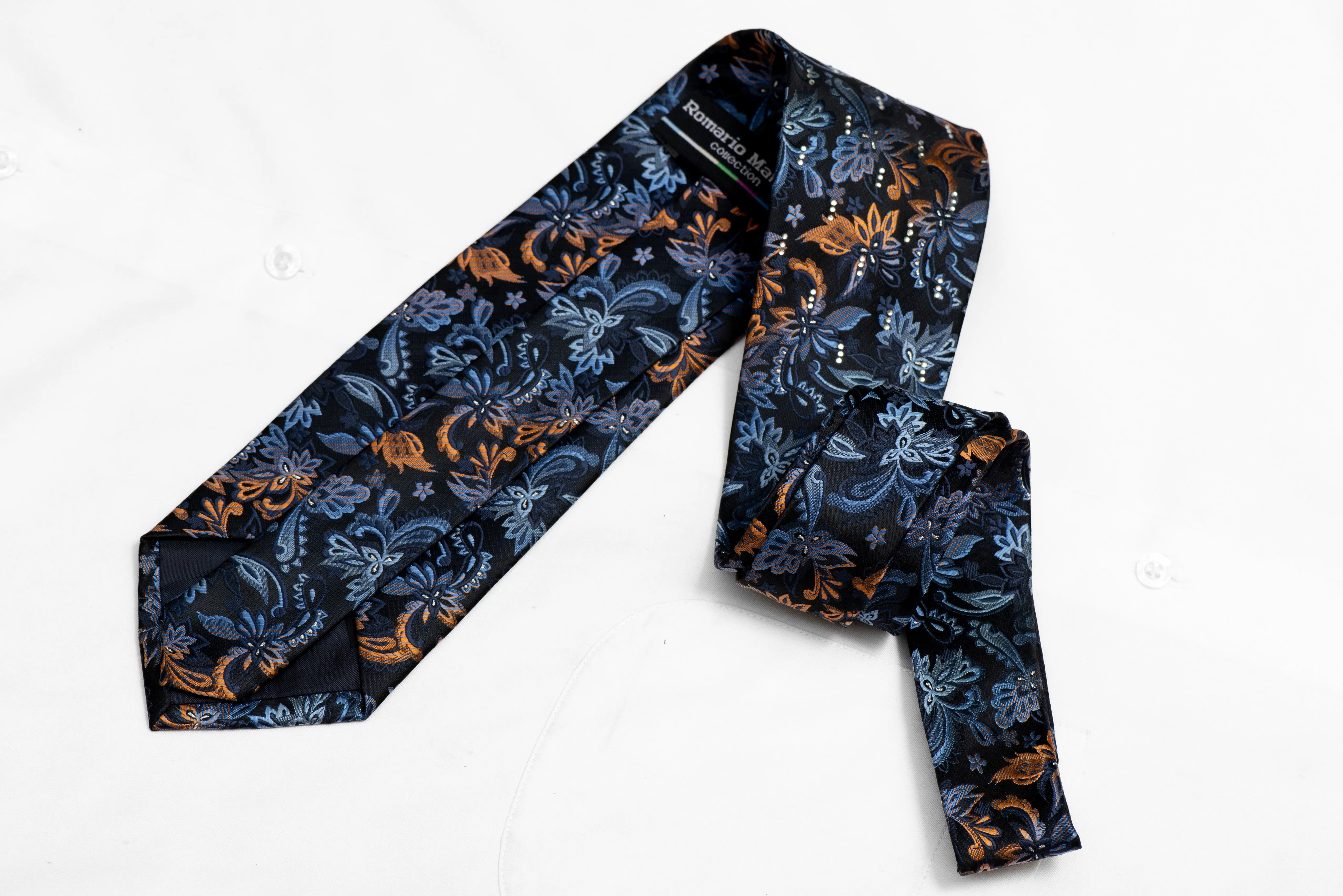 Orange Blue Acanthus Floral On Navy Blue Microfiber Rhinestone Necktie With Sparkles
