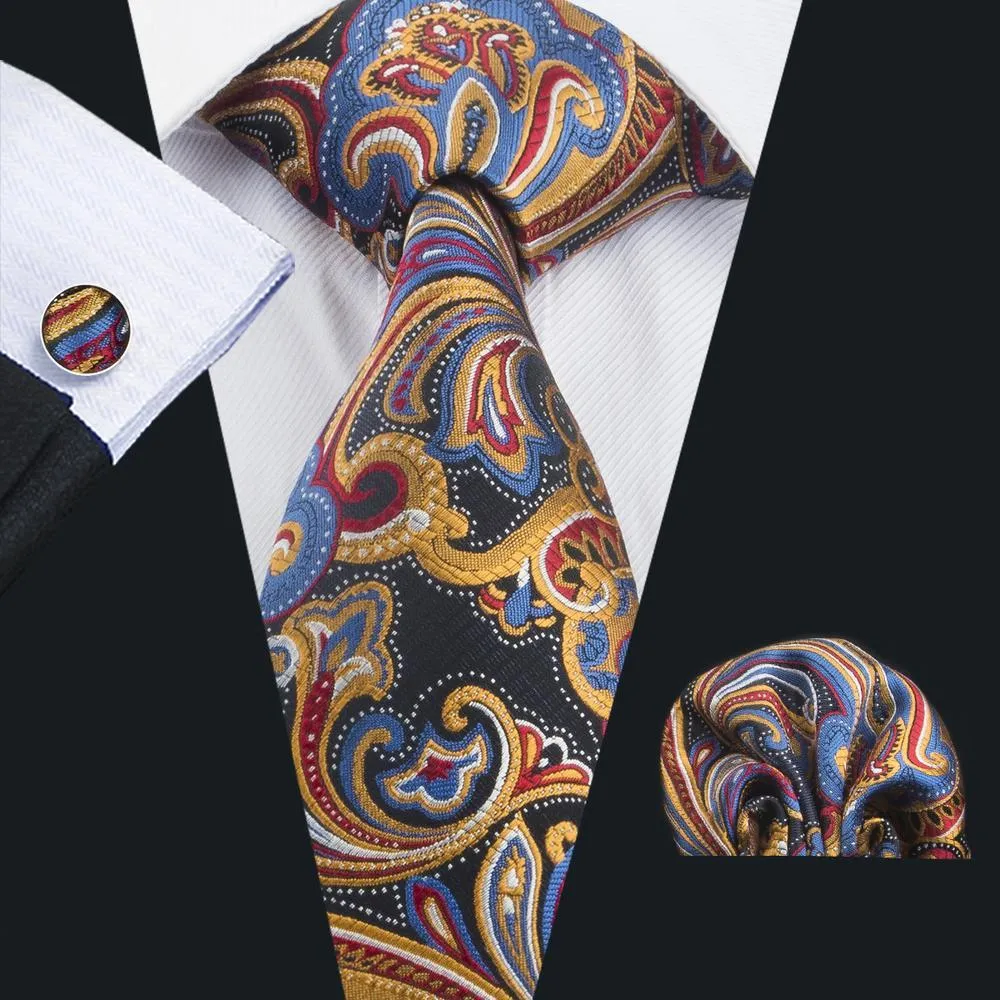 Orange Blue Floral Men's Tie Pocket Square Cufflinks Gift Box Set