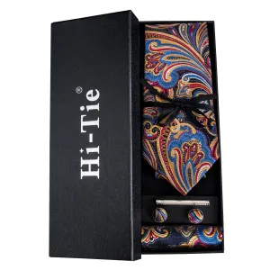 Orange Blue Floral Men's Tie Pocket Square Cufflinks Gift Box Set